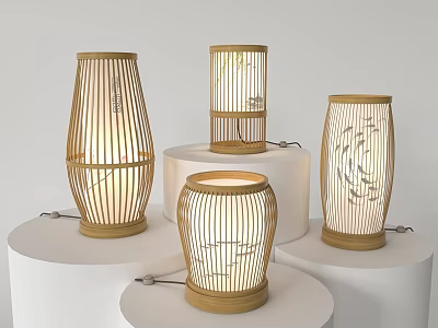 Bamboo Table Lamps with Woven Patterned Shades Emit Warm Light Displayed on White Pedestals 3d model