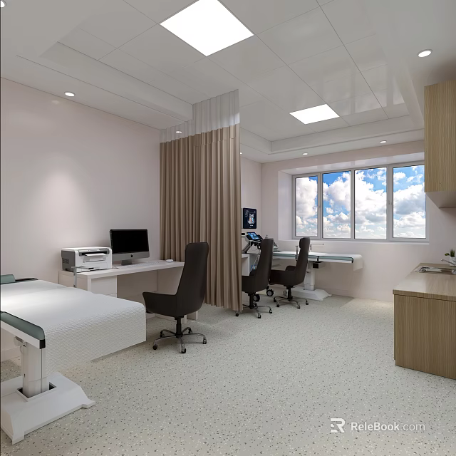 Modern Medical Examination Room Interior With White Examination Bed Black Chairs And Cabinets 3d model 