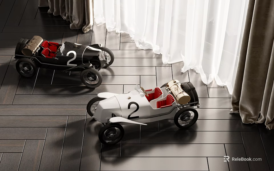 Electric Toy Black White Vintage Racing Cars with Number 2 and Red Seats 3d model 