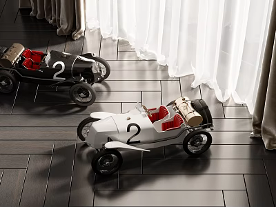 Electric Toy Black White Vintage Racing Cars with Number 2 and Red Seats 3d model