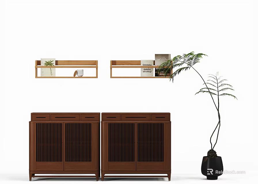 Brown Wooden Sideboard with Slatted Doors Black Vase Green Plant and Wall Mounted Shelves 3d model 