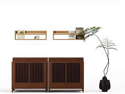 Brown Wooden Sideboard with Slatted Doors Black Vase Green Plant and Wall Mounted Shelves 3d model
