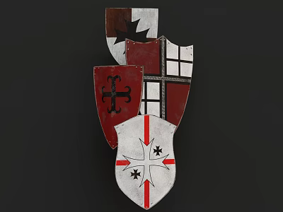 Medieval Weapon Shields Featuring Red White Black Cross Star And Checkerboard Patterns 3d model