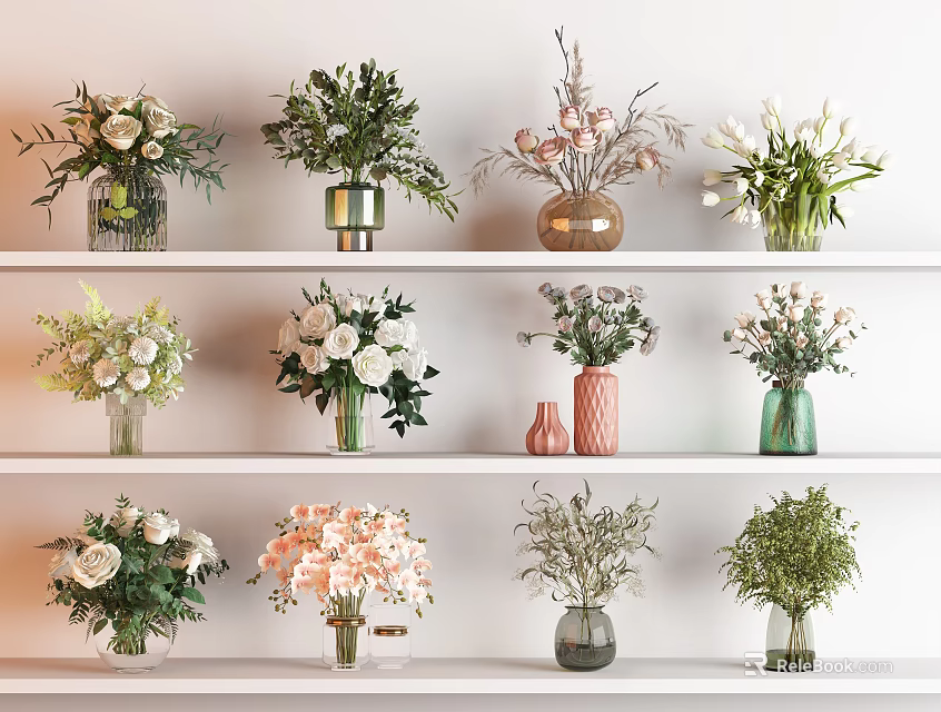Colorful Vase Flowers On White Shelves With Various Vase Colors And Flower Types 3d model 