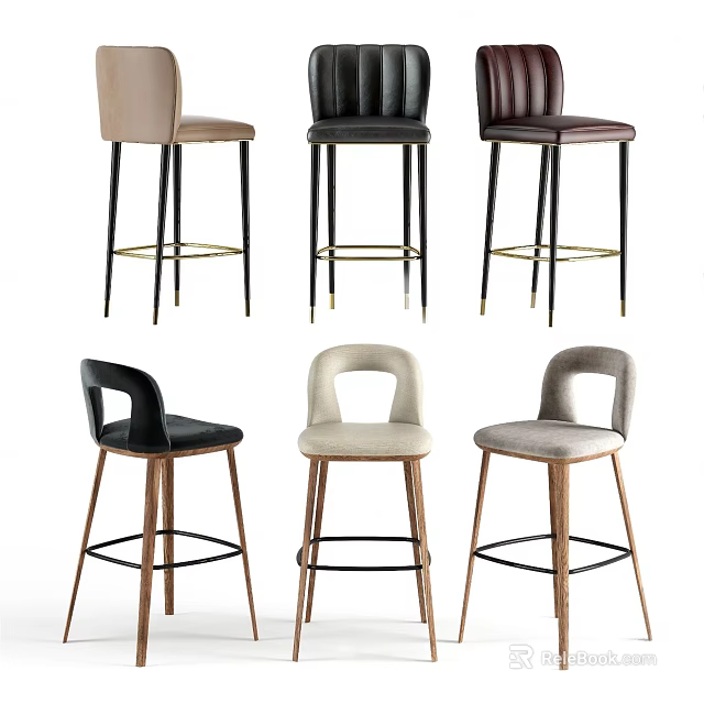Modern Bar Stools With Metal Wooden Legs Beige Black Brown Upholstery Various Backrests 3d model 