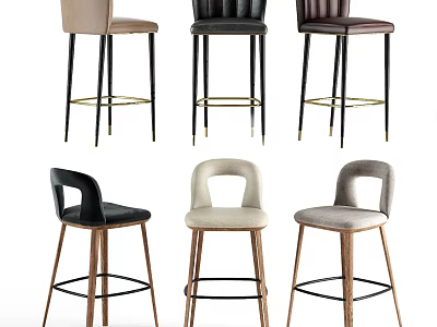Modern Bar Stools With Metal Wooden Legs Beige Black Brown Upholstery Various Backrests 3d model