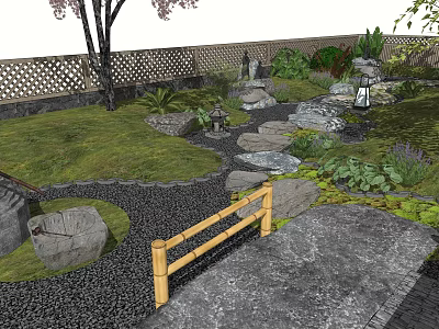 Tranquil Garden With Stone Path Wooden Bridge Rockery Green Plants And Lattice Fence 3d model