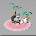 Festive Birthday Cake With Small Desserts Adorable Stuffed Animals On Pink Plate And Decorative Plants