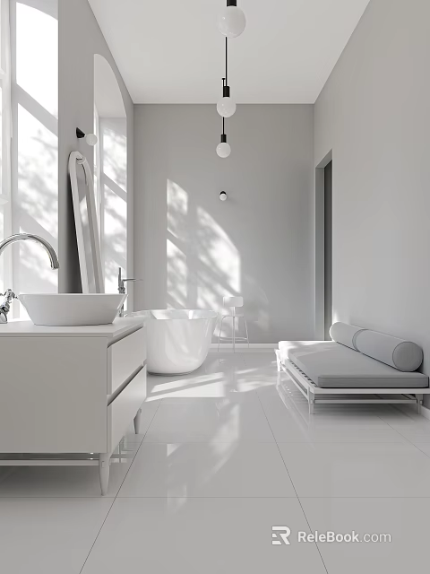 Modern White Bathroom Interior With Sink Vanity Bathtub Mirror Bench And Natural Light 3d model 