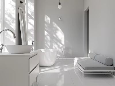 Modern White Bathroom Interior With Sink Vanity Bathtub Mirror Bench And Natural Light 3d model