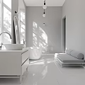 Modern White Bathroom Interior With Sink Vanity Bathtub Mirror Bench And Natural Light