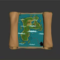 Vintage Scroll Map Design With Green Island Blue Ocean Clouds Yellow Marker And Anchor Icon