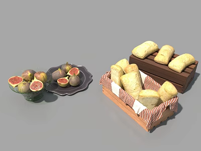 Fresh Sliced Figs On Plates And Bread Rolls In Wicker Baskets 3d model