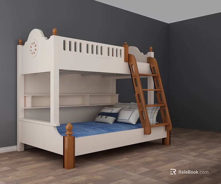 White Bunk Bed with Wooden Ladder Blue Mattress and Storage Shelves in Bedroom 3d model 