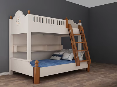 White Bunk Bed with Wooden Ladder Blue Mattress and Storage Shelves in Bedroom 3d model