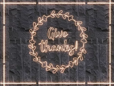 Decorative Neon Light Combination With Wreath Shape And Give Thanks Text On Stone Wall 3d model