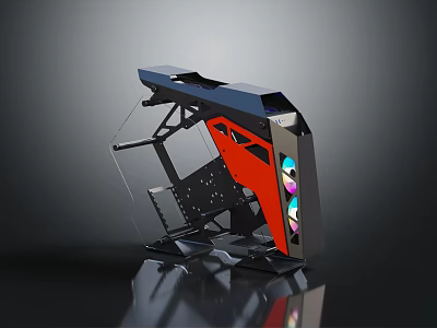 Modern Open Design Computer Case Featuring Transparent Side Panel Red Components And RGB Fans 3d model