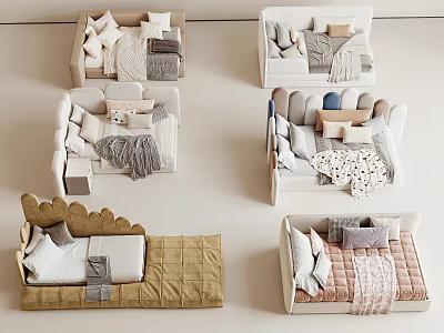 Various Kids Bed Designs With Soft Pillows Cozy Blankets And Neutral Tones 3d model