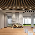 Exhibition Hall With Wooden Slat Ceiling Black Spotlights Landscape Decor Large Windows And Silver Seats