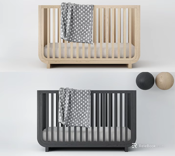 Light and Dark Wood Baby Crib with Gray Polka Dot Blanket and Soft Mattress 3d model 