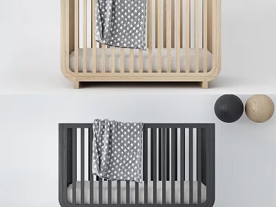Light and Dark Wood Baby Crib with Gray Polka Dot Blanket and Soft Mattress 3d model