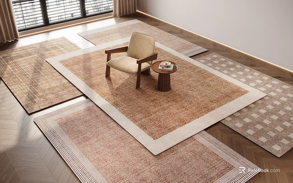 Neutral Tones Woven Square Area Rug With Accent Chair And Side Table In Living Room 3d model 