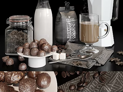 Delicious Chocolate Truffles Served With Coffee Beans Milk And Sugar Cubes 3d model