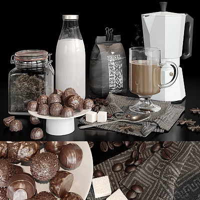 Delicious Chocolate Truffles Served With Coffee Beans Milk And Sugar Cubes 3d model