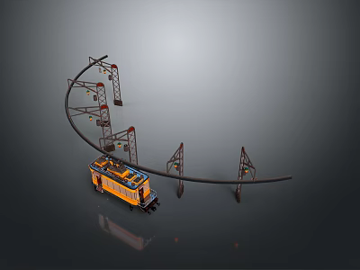 Yellow Model Train With Curved Track And Support Structures On Dark Background 3d model
