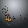 Yellow Model Train With Curved Track And Support Structures On Dark Background 3d model