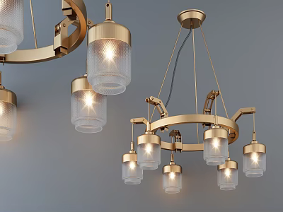 Modern Golden Chandelier With Multiple Transparent Glass Shades And Metal Frame 3d model