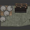 Blue Storage Barrels And Wooden Pallets Stacked On Gray Mat For Home Use