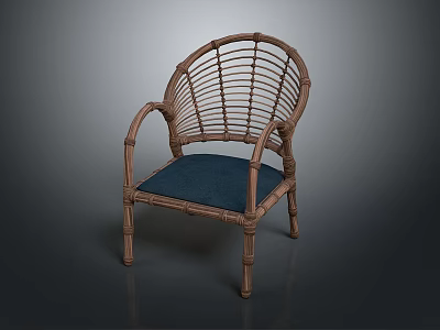 Elegant Wicker Rattan Armchair With Blue Cushion And Handwoven Back Design 3d model