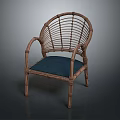 Elegant Wicker Rattan Armchair With Blue Cushion And Handwoven Back Design