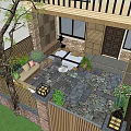 Courtyard Garden With Wooden Fence Stone Wall Patio Green Shrubs Purple Flowers And Outdoor Furniture