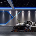 Modern Home Theater Interior With Starry Sky Ceiling Blue Ambient Lighting And Gray Sofa