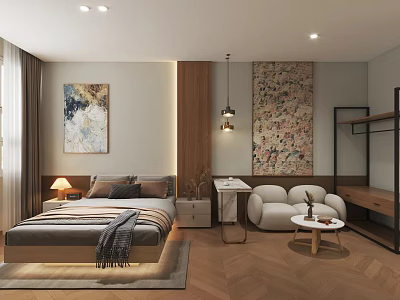 Modern Hotel Guest Room Interior With Comfortable Bed Sofa Decorative Artwork And Warm Lighting 3d model