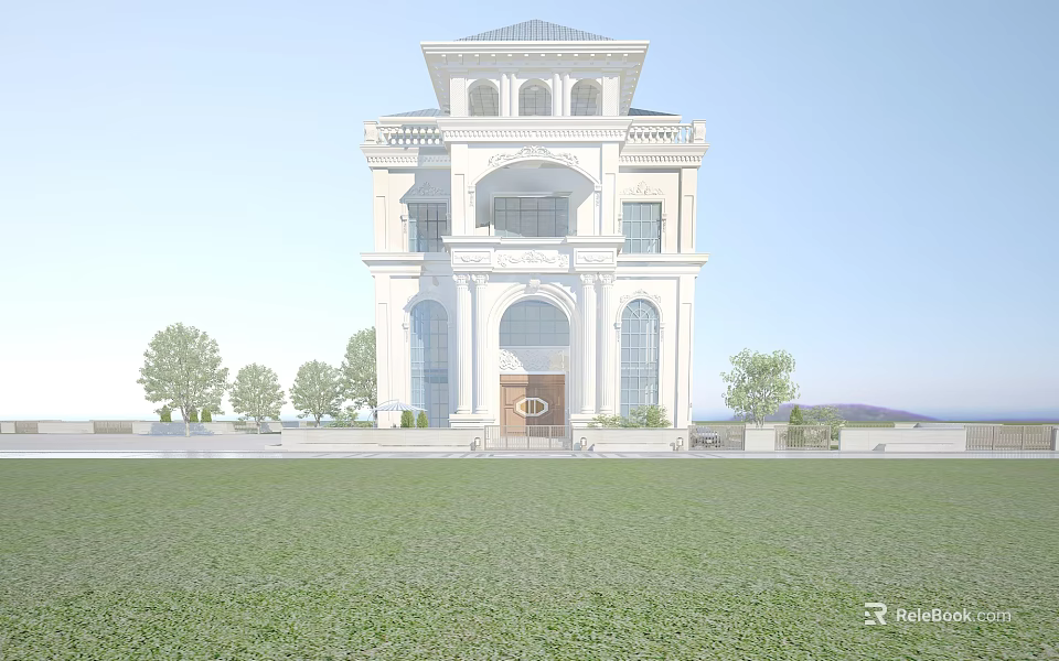 White Classical Style Detached Villa With Arched Entrance Front Lawn And Trees 3d model 