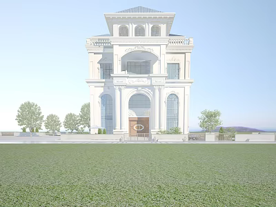 White Classical Style Detached Villa With Arched Entrance Front Lawn And Trees 3d model