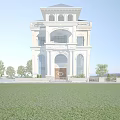 White Classical Style Detached Villa With Arched Entrance Front Lawn And Trees