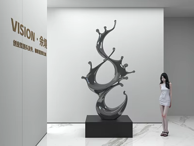Striking Black Flowing Art Installation With Pedestal And Woman In White Background Marble Floor 3d model