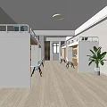 School Dormitory Interior With Bunk Beds Desks Chairs Wooden Floor Window And Plant