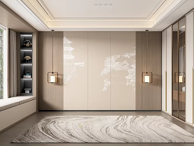 Modern Beige Bedroom Accent Wall With White Patterns Wooden Decor Wall Lamps And Marble Rug 3d model