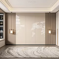 Modern Beige Bedroom Accent Wall With White Patterns Wooden Decor Wall Lamps And Marble Rug