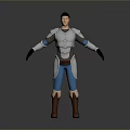 Man in Silver Armor with Blue Pants and Brown Boots Standing in Gray Background Pose