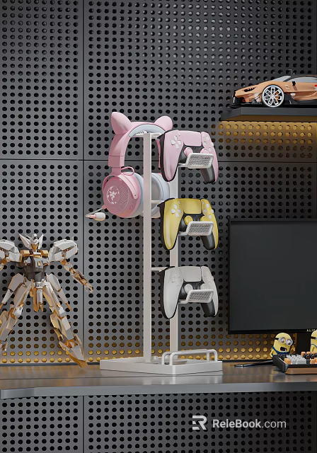 Ornamental Decor Collection with Pink Headphones Yellow White Game Controllers and Golden Robot Model 3d model 