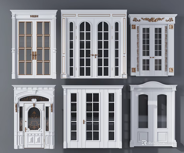 Decorative White Entrance Doors With Various Designs Arched Panels And Glass Details 3d model 