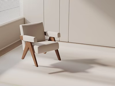 Minimalist Modern Accent Chair With Wooden Frame And Upholstered Seat In Light Colored Interior 3d model