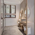 Hotel Bathroom Interior With Round Mirror Stone Sink Wooden Shelf And Wicker Basket