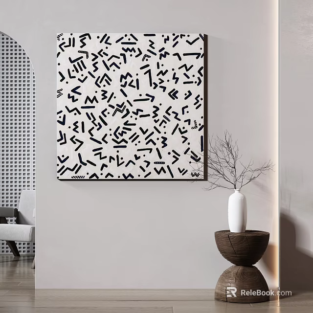 Black And White Abstract Wall Art With White Vase On Brown Base In Minimalist Interior 3d model 